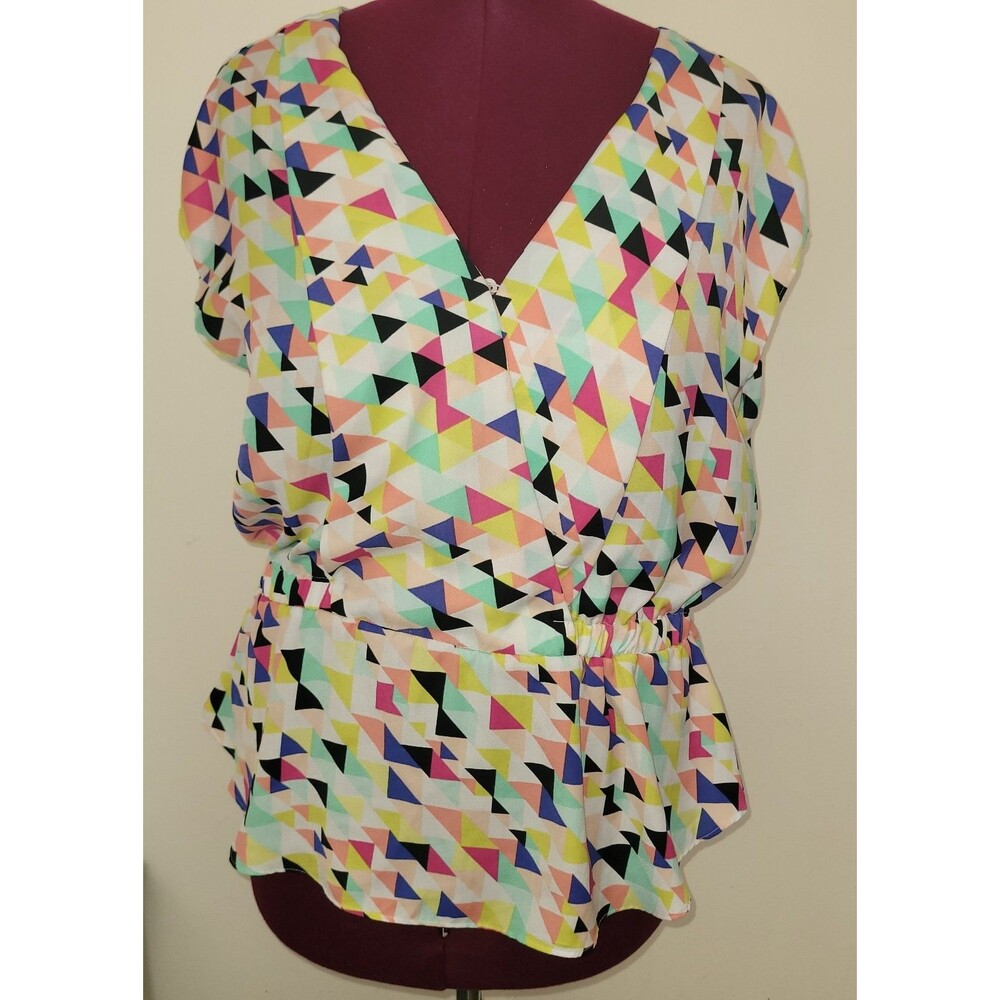 Attention Geometric Print Surplice Peplum Blouse Women's XL V-neck Cap Sleeves